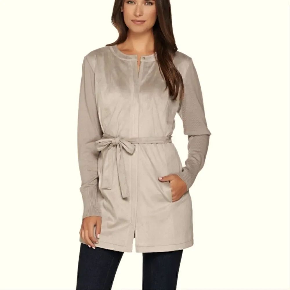 Halston Faux Suede Sweater Jacket Belted Beige Women's 8